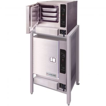 Cleveland Range (2) 22CGT63.1 Liquid Propane Double-Stacked SteamChef 3 And 6 ENERGY STAR Certified 9 Full-Size Pan Capacity Counter Model Gas-Fired Boilerless Convection Steamers On ES26304466G Stand, 64,000 BTU 120V