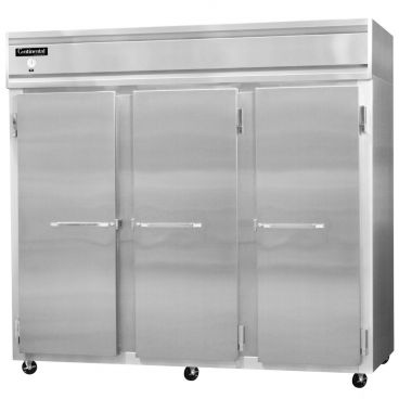 Continental Refrigerator 3FESNSS 85-1/2" Extra Wide Shallow Depth Stainless Steel Reach-In Freezer With 3 Full-Height Solid Doors, 63 Cubic Ft, 115/208-230 Volts