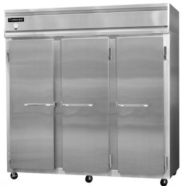 Continental Refrigerator 3FNSA 78" Reach-In Freezer With 3 Full-Height Solid Doors And Aluminum Interior, 70 Cubic Ft, 115/208-230 Volts