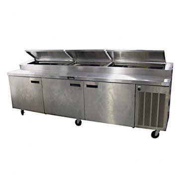 Delfield 186114PTBMP 114" Three Section Refrigerated Pizza Prep Table with Raised Pan Rail