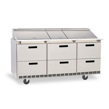 Delfield D4472NP-30M 72-1/8" Three Section Stainless Steel Mega Top Sandwich / Salad Prep Refrigerator with Six Drawers
