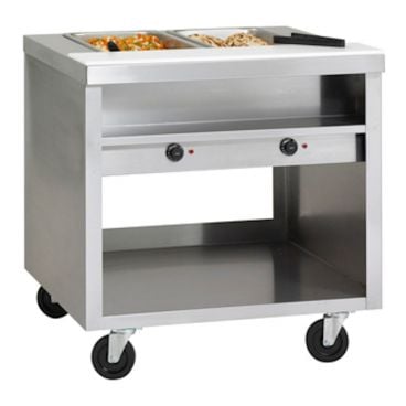 Delfield EHEI36C Mobile E-Chef 36" WIde 2-Well Stainless Steel Open Base Hot Food Table On Casters With Individual Infinite Controls And 8" Cutting Board And Stainless Steel Plate Shelf, 120V 2000 Watts
