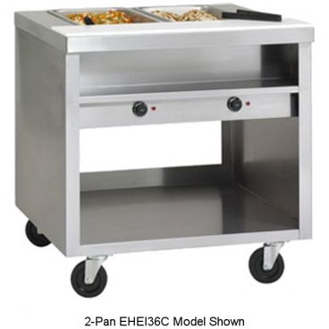 Delfield EHEI74C Mobile E-Chef 74" WIde 5-Well Stainless Steel Open Base Hot Food Table On Casters With Individual Infinite Controls And 8" Cutting Board And Stainless Steel Plate Shelf, 208-230V 5000 Watts