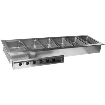 Delfield N8787-D Drop-In 6-Compartment N8700-D Insulated Stainless Steel Hot Food Well With Drain And Manifold For 12" x 20" Pans With Individual Infinite Temperature Controls, 208-230V 1-Phase