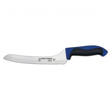 Dexter 360™ S360-9SCC-PCP 36008C 9" DEXSTEEL™ High Carbon Steel Scalloped Offset Slicing Knife with Blue Polypropylene / Santoprene Handle