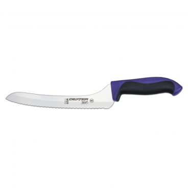 Dexter 360™ S360-9SCP-PCP 36008P 9" DEXSTEEL™ High Carbon Steel Scalloped Offset Slicing Knife with Purple Polypropylene / Santoprene Handle