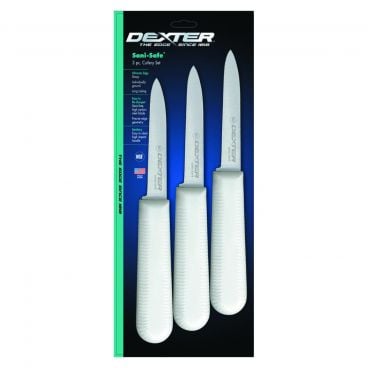 Dexter Russell S104-3PCP 3-1/4" Sani-Safe Cook's Style Paring Knives w/ High Carbon Steel Blade And White Handle