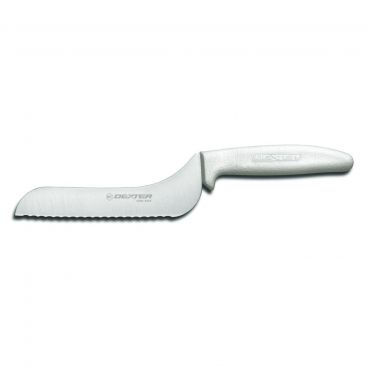 Dexter S163-7SC-PCP 13623 Sani-Safe 7 Inch High Carbon Steel Offset Scalloped Utility Slicer With Textured White Handle