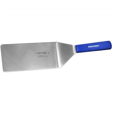 Dexter S289-8H-PCP 19733H Sani-Safe Collection Offset Beveled-Edge 8" x 4" Stainless Steel Blade NSF Certified Steak Turner With Heat-Resistant Cool Blue Textured Polypropylene Handle In Perfect Cutlery Packaging