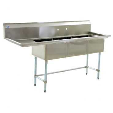 Empura BPS-1545-3-15L-FC BPFC Series 62 1/2" Wide 3 Compartment 16/304 Stainless Steel Sink With 15" x 15" x 14" Deep Bowls And One Left Side 15" Drainboard