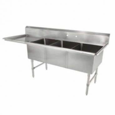 Empura BPS-1854-3-18L-FC 74 1/2" Wide 3 Compartment 16/304 Stainless Steel Sink With 18" x 18" x 14" Deep Bowls And One 18" Left Side Drainboard