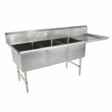 Empura BPS-1854-3-18R-FC 74 1/2" Wide 3 Compartment 16/304 Stainless Steel Sink With 18" x 18" x 14" Deep Bowls And One 18" Right Side Drainboard