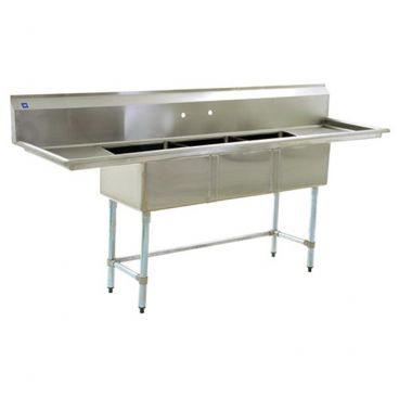 Empura BPS-2454-3-18-FC 90" Wide 3 Compartment 16/304 Stainless Steel Sink With 18" x 24" x 14" Deep Bowls And Two 18" Drainboards