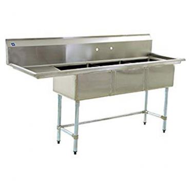 Empura BPS-2454-3-18L-FC 74 1/2" Wide 3 Compartment 16/304 Stainless Steel Sink With 18" x 24" x 14" Deep Bowls And One 18" Left Side Drainboard