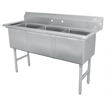 Empura BPS-2454-3-FC 59" Wide 3 Compartment 16/304 Stainless Steel Sink With 18" x 24" x 14" Deep Bowls And No Drainboard