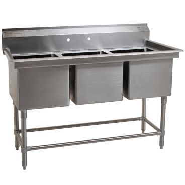 Empura BPS-2472-3-FC 77" Wide 3 Compartment 16/304 Stainless Steel Sink With 24" x 24" x 14" Deep Bowls And No Drainboard