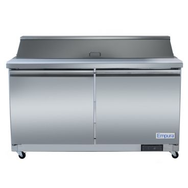 Empura E-KSP48 48.2" Stainless Steel Sandwich/Salad Table Refrigerator With 2 Solid Doors, 12 Pans And 11" Cutting Board - 12 Cu Ft, 115 Volts