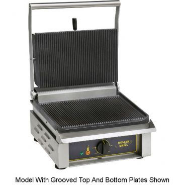 Equipex PANINI/1_GTSB 16" Wide Grooved Top And Smooth Bottom Cast Iron Plate Sodir-Roller Grill Commercial Panini Grill, 120V 1750 Watts