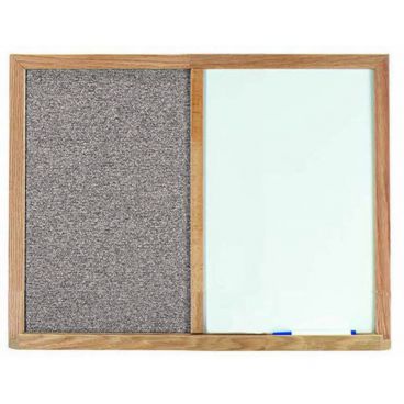 Aarco FCO2436G 24" x 36" Gray Combination Fabric Tack Board/White Melamine Markerboard With Solid Oak Frame And Full Length Tray