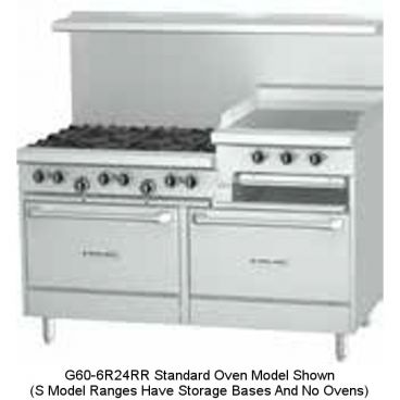 Garland / U.S. Range G60-6R24SS Natural Gas 60" Wide 6-Burner 24" Wide Right-Side Raised Griddle / Broiler With Double Storage Base And No Oven G Starfire Pro Series Gas Restaurant Range, 231,000 BTU