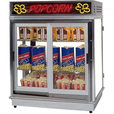 Gold Medal 2004SLN LED Neon Astro 36" Wide Popcorn Staging Cabinet With LED Neon Lighted Sign And Self-Serve Sliding Doors, 120V 2001 Watts