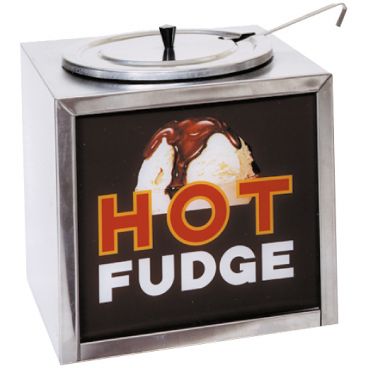 Gold Medal 2200 Hot Fudge Dipper-Style 4 qt Capacity 11" Wide Stainless Steel Warmer With Lighted Sign And 2 oz Dipper, 120V 320 Watts