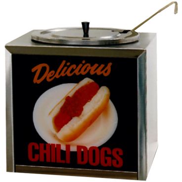 Gold Medal 2205 Chili Dog Dipper-Style 4 qt Capacity 11" Wide Stainless Steel Warmer With Lighted Sign And 2 oz Dipper, 120V 320 Watts