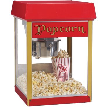 Gold Medal 2404 Red Fun Pop 4 oz Kettle 17 1/2" Wide Countertop Electric Popcorn Machine With Heated Corn Deck And Red And Gold Cabinet, 120V 688 Watts