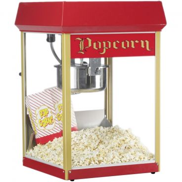 Gold Medal 2408 Red And Gold Fun Pop 8 oz Kettle 19 1/2" Wide Countertop Electric Popcorn Machine With Heated Corn Deck, 120V 1053 Watts