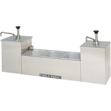 Gold Medal 5030 Stainless Steel 34" Wide Condiment Stand With 2 Pump-Style 1-Gallon Wells And 3 Inserts Pans With Lid