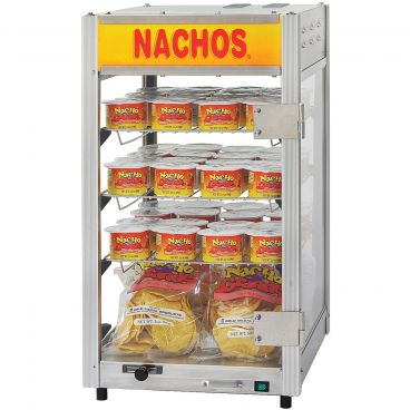 Gold Medal 5587 Countertop 70-Cup Capacity 13" Wide Portion Pak Nacho Cheese Cup Warmer / Display Case Merchandiser With Lighted Sign And 3 Shelves, 120V 520 Watts 