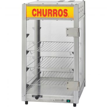Gold Medal 5587C 3-Shelf 13" Wide Churro Warmer / Display Case Cabinet And Merchandiser With Lighted Sign, Stainless Steel And Aluminum Frame With Glass Sides, 120V 520 Watts