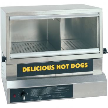 Gold Medal 8151 Large Glass-Front 75-Dog/30-Bun Capacity 21" Wide Stainless Steel Hot Dog Steamer And Bun Warmer, 120V 785 Watts