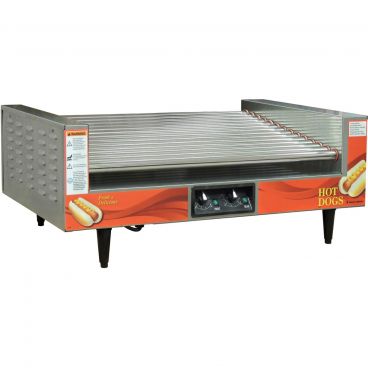 Gold Medal 8225 Super Diggity 35 1/2" Wide Hot Dog Grill With 14 Slanted Stainless Steel Rollers And Dual Temperature Zones, 120V 1830 Watts