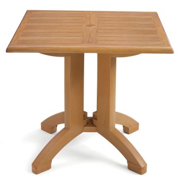 Grosfillex US420408 Winston 36" x 36" Teak Decor Square Molded Melamine Pedestal Table with Umbrella Hole