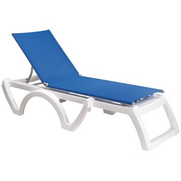 Grosfillex US746006 Calypso Blue / White Frame Stackable 4-Position Adjustable Sling Chaise Lounge