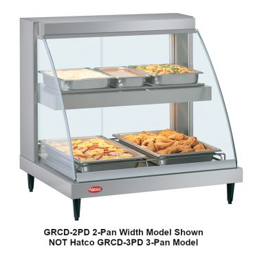 Hatco GRCD-3PD-120 Glo-Ray Designer Stainless Steel 45 1/2" Wide 3-Pan Dual-Shelf Non-Humidified Infrared Top Heat And Heated Base Countertop Display Case With Curved Tempered Glass And Incandescent Lighting, 120V 1710 Watts