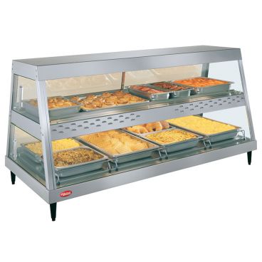 Hatco GRHD-4PD-120 Glo-Ray Stainless Steel 58 1/2" Wide 4-Pan Dual-Shelf Non-Humidified Infrared Top Heat And Heated Base Countertop Display Case With Tempered Glass Sides And Incandescent Lighting, 120V 2480 Watts