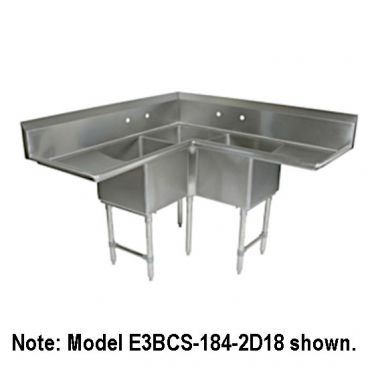 John Boos 3PBCS18-2D24 Stainless Steel 64-1/2" Three Compartment Corner Sink w/ Two Drainboards