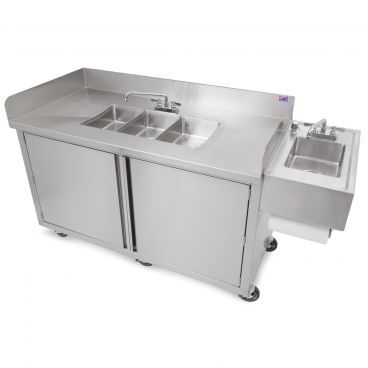 John Boos MCS3-1014-HS 75" Wide Stainless Steel Self-Contained Mobile Hand Sink With 3 Compartments And 1 Hand Sink With Soap And Towel Dispenser, 120V