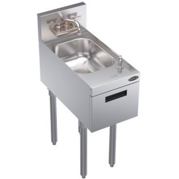 Krowne KR24-12ST Royal Series Freestanding Underbar 12" Wide 24" Deep Stainless Steel Hand Sink With 4" Center Wall-Mount Faucet And Built-In Push-Down Soap Dispenser And Tri-Fold Paper Towel Dispenser
