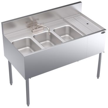Krowne KR24-43L Royal Series 48 Inch Wide 3-Compartment Underbar Sink With 12 Inch Right Side Embossed Drainboard