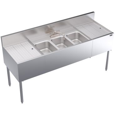 Krowne KR24-63C Royal Series 72 Inch Wide 3-Compartment Underbar Sink With 18 Inch Right And Left Side Embossed Drainboards