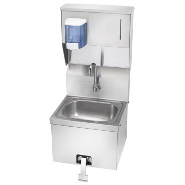 Krowne HS-16 Wall Mount 16" Wide Stainless Steel Hand Sink With Soap And Towel Dispenser And Knee Valve, Single Hole Wall Mount Low-Lead Faucet And 6" Deep Bowl