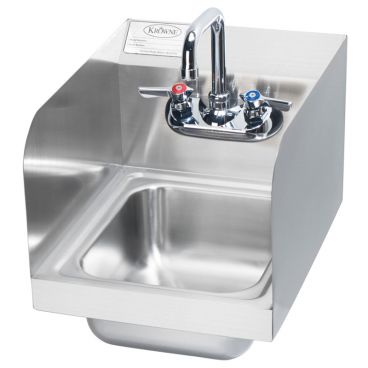 Krowne HS-30L Wall Mount 12" Wide Space Saver Stainless Steel Hand Sink With Side Splashes On Left And Right, 4" OC Splash Mount Low-Lead Faucet And 6" Deep Bowl