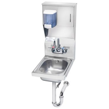 Krowne HS-31 Wall Mount 12" Wide Space Saver Stainless Steel Hand Sink With Soap And Towel Dispenser And Overflow And P-Trap, 4" OC Splash Mount Low-Lead Faucet And 6" Deep Bowl
