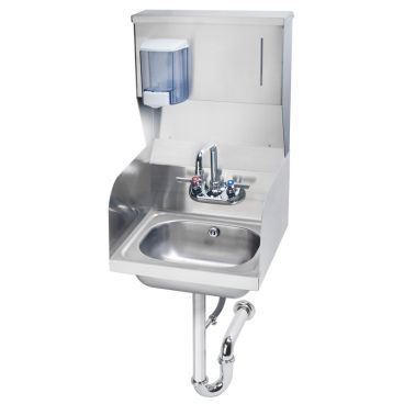 Krowne HS-33 Wall Mount 16" Wide Stainless Steel Hand Sink With Soap And Towel Dispenser And Side Splashes And Overflow And P-Trap, 4" OC Splash Mount Low-Lead Faucet And 6" Deep Bowl