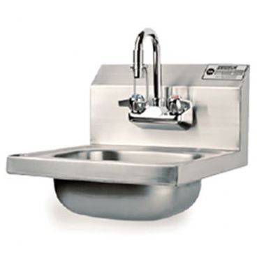 Krowne HS-34 Wall Mount 16" Wide Standard Stainless Steel Hand Sink With Hands-Free 4" OC Push Back Activation Low-Lead Faucet And 6" Deep Bowl