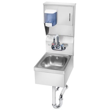 Krowne HS-37 Wall Mount 12" Wide Space Saver Stainless Steel Hand Sink With Soap And Towel Dispenser And Stainless Steel Skirt And Overflow And P-Trap, 4" OC Splash Mount Low-Lead Faucet And 6" Deep Bowl