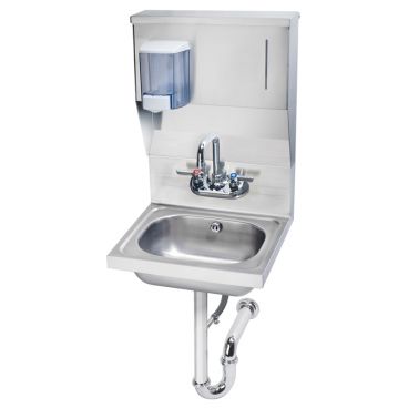 Krowne HS-7 Wall Mount 16" Wide Stainless Steel Hand Sink With Soap And Towel Dispenser And Overflow And P-Trap, 4" OC Splash Mount Low-Lead Faucet And 6" Deep Bowl